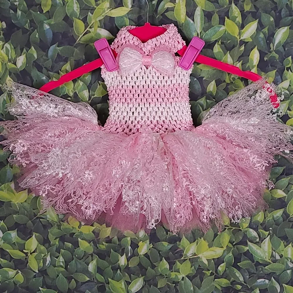 Handmade Puppy Tutu Dress – Pink White – Lace Bow – Small Dog – OOAK
